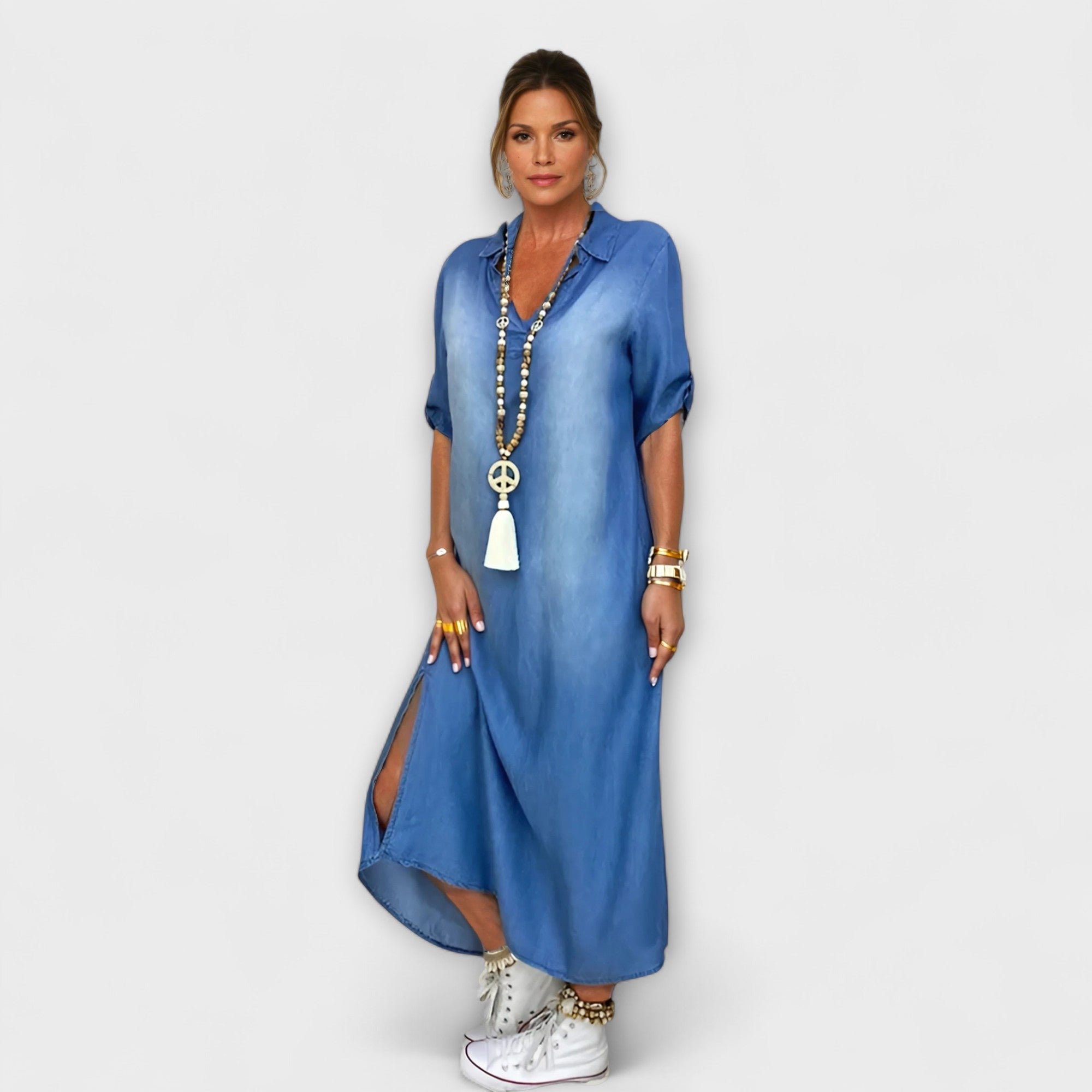 Lea - Lang Denim-Look Kjole med Side Slid
