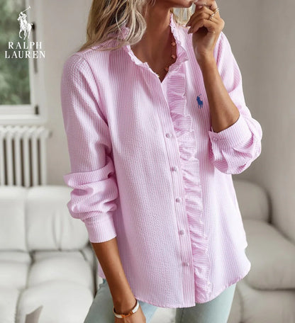 R. Lauren Ruffled Button-Up Skjorte – Blødt Teksturere Fit