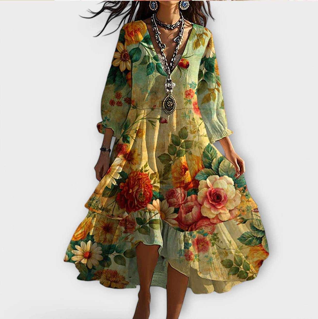 Marina - Vintage Boho Blomsterprint V-Hals Kjole