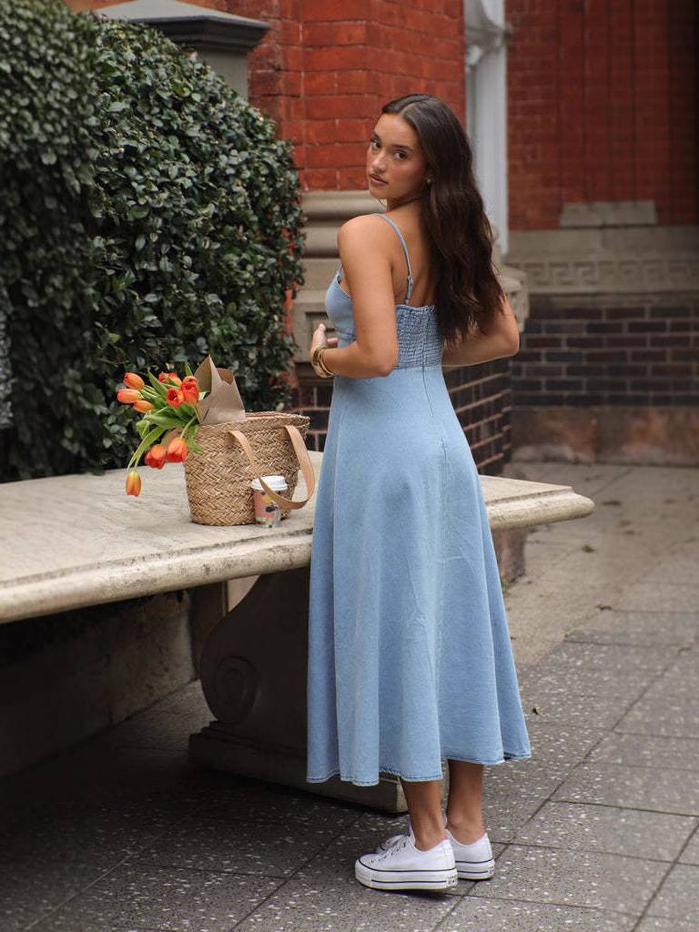 Lux - Denim Blå Strapless Kjole