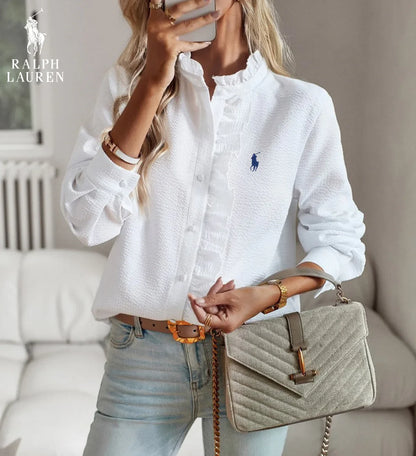 R. Lauren Ruffled Button-Up Skjorte – Blødt Teksturere Fit