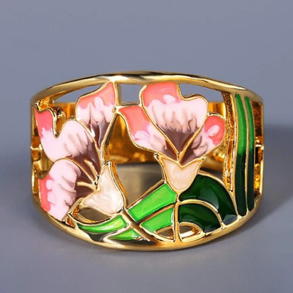 Retro Guld Emalje Blomster Ring
