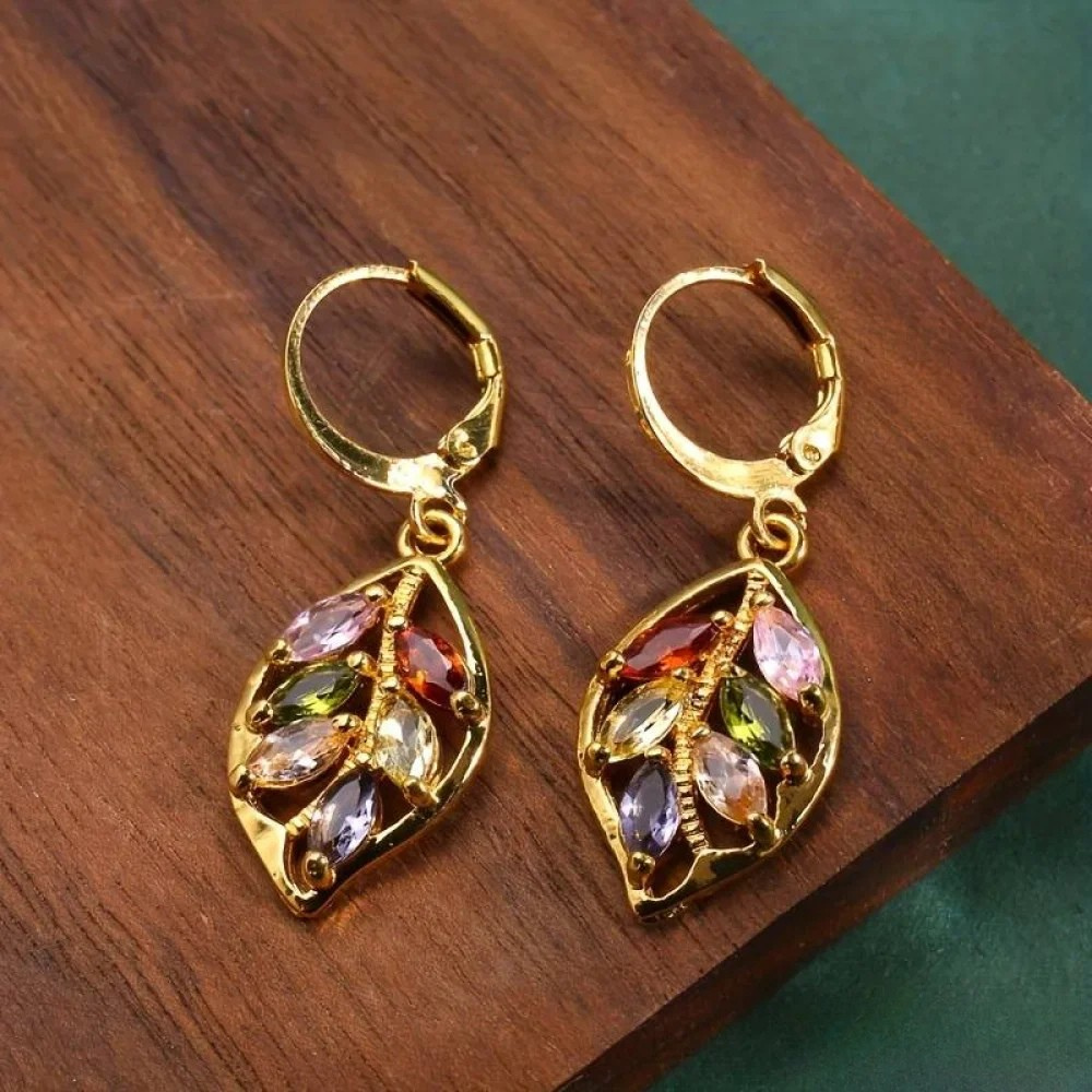 Vintage Gyldne Bladøreringe med Farverig Zirconia