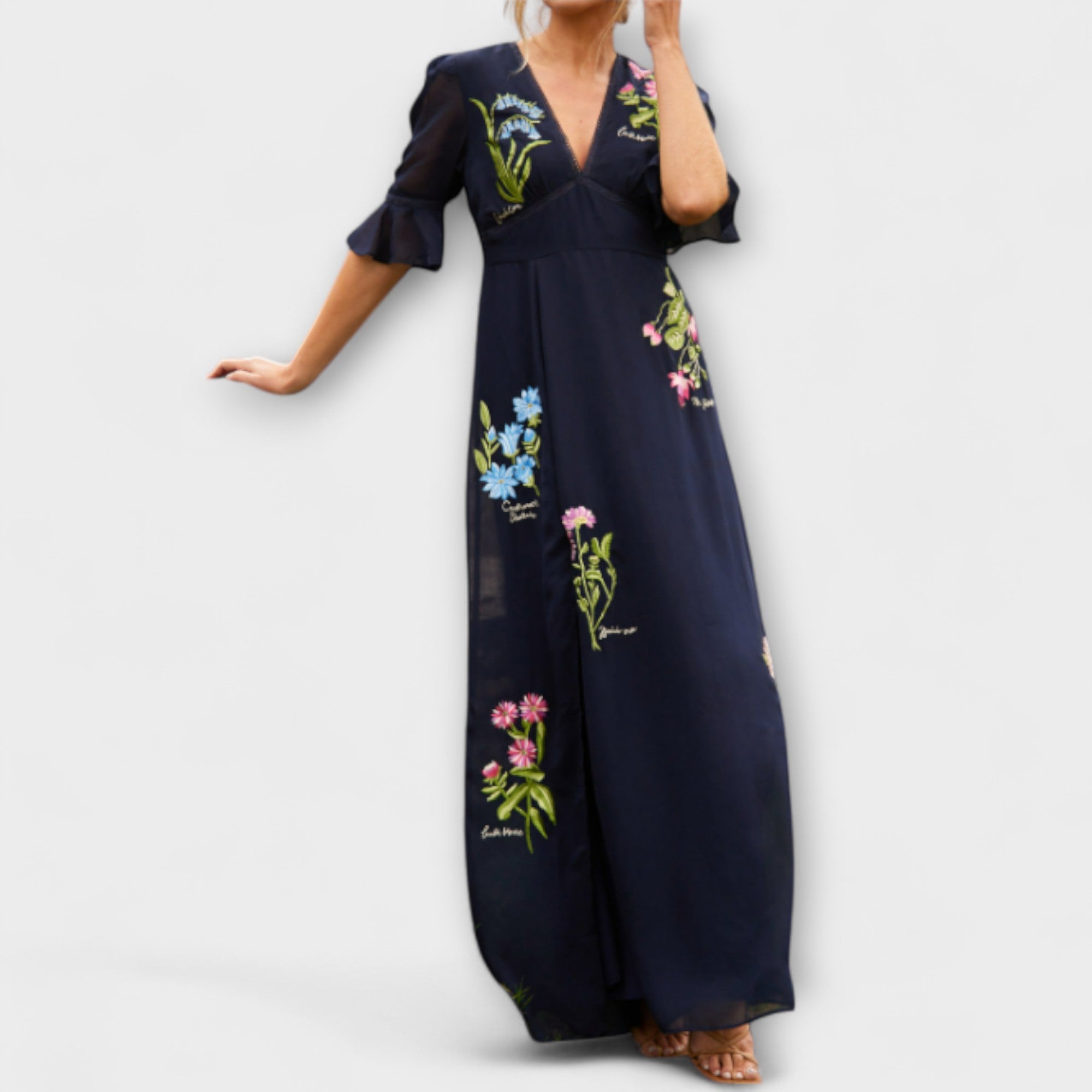 Beatrice - Elegant Navy Blue Kjole med Blomsterbroderi