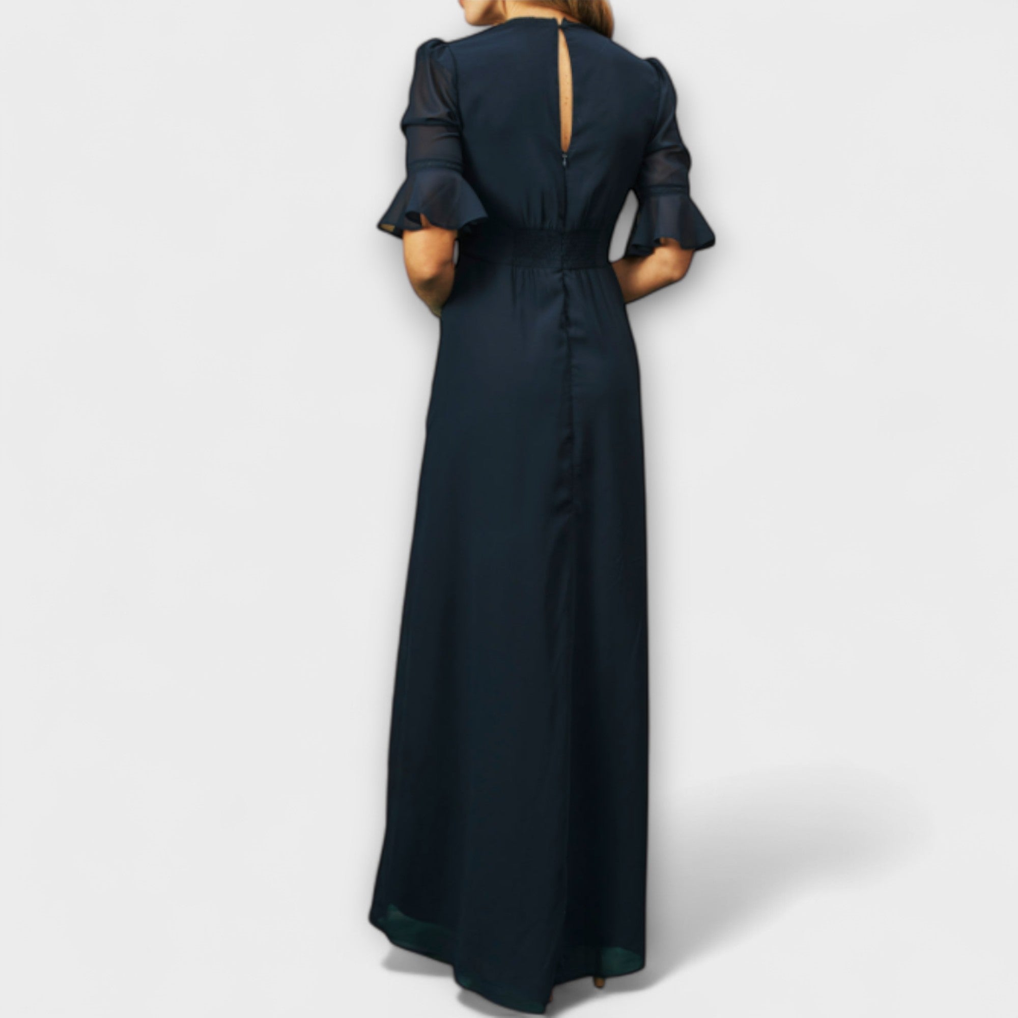 Beatrice - Elegant Navy Blue Kjole med Blomsterbroderi