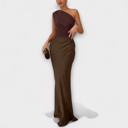 Elegant En-Skulder Plisseret Maxi Kjole
