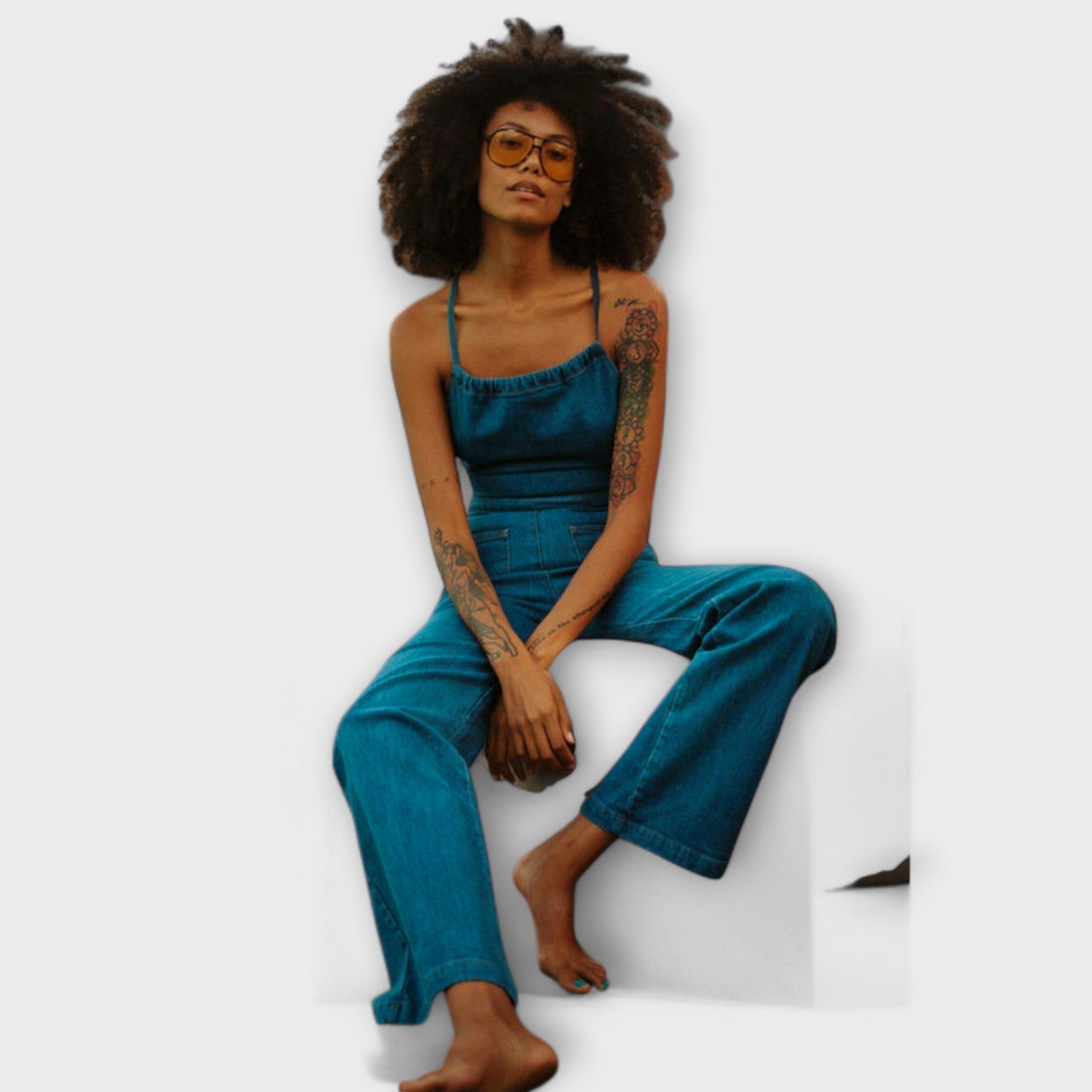 Julie - Flared Denim Jumpsuit med Bindebånd