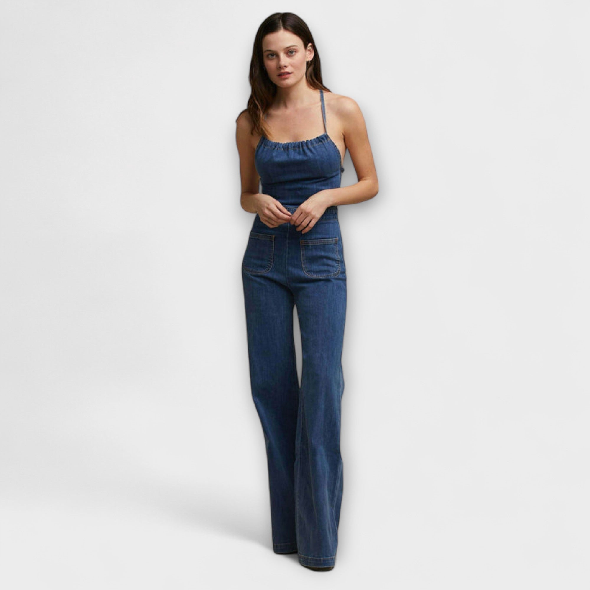 Julie - Flared Denim Jumpsuit med Bindebånd