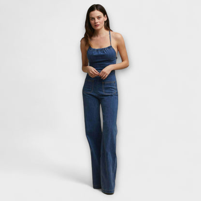 Julie - Flared Denim Jumpsuit med Bindebånd