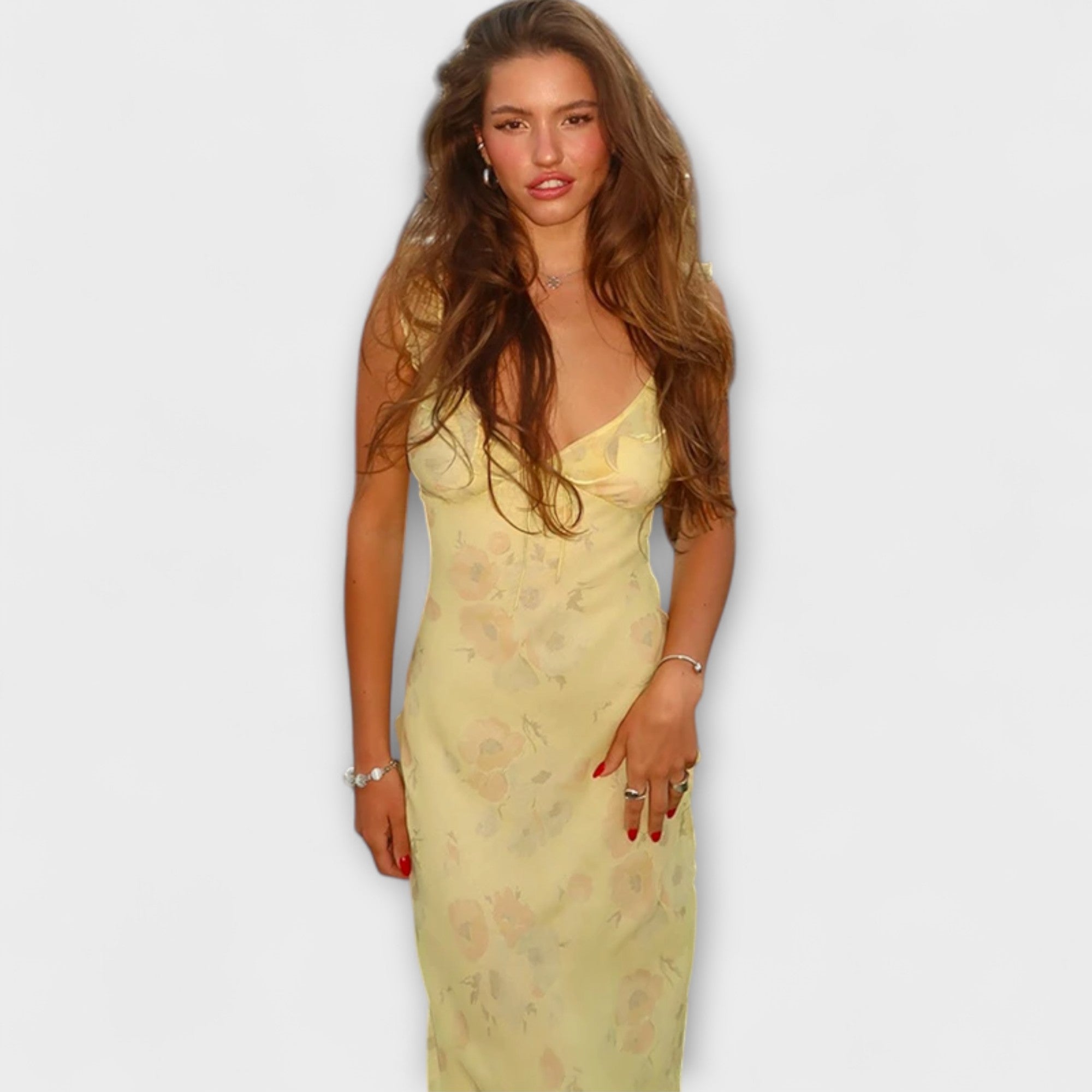 Kryptografisk Blomsterprint Plunge Maxi Kjole