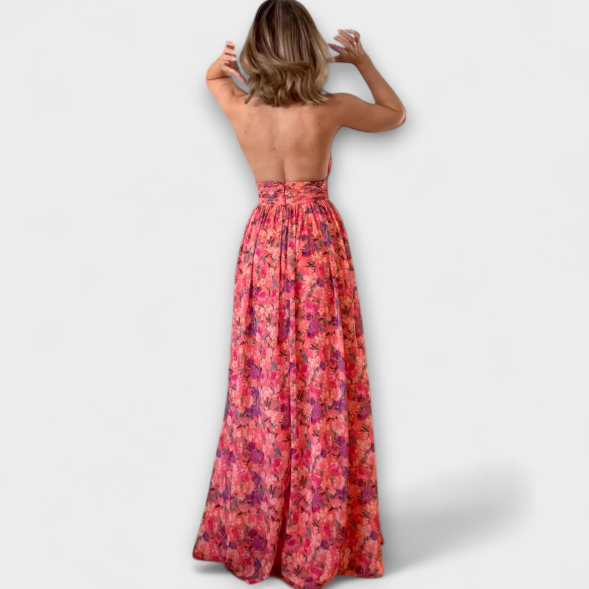 Nortrud - Rygfri Maxi Kjole med Blomsterprint