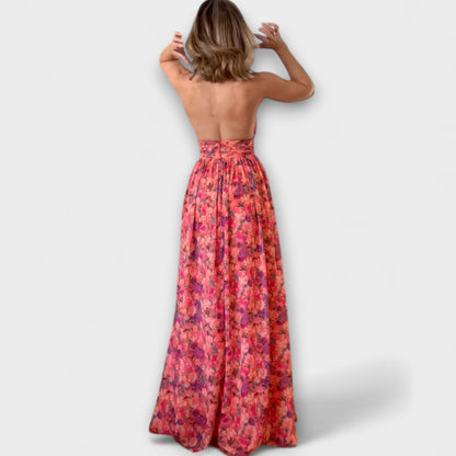 Nortrud - Rygfri Maxi Kjole med Blomsterprint