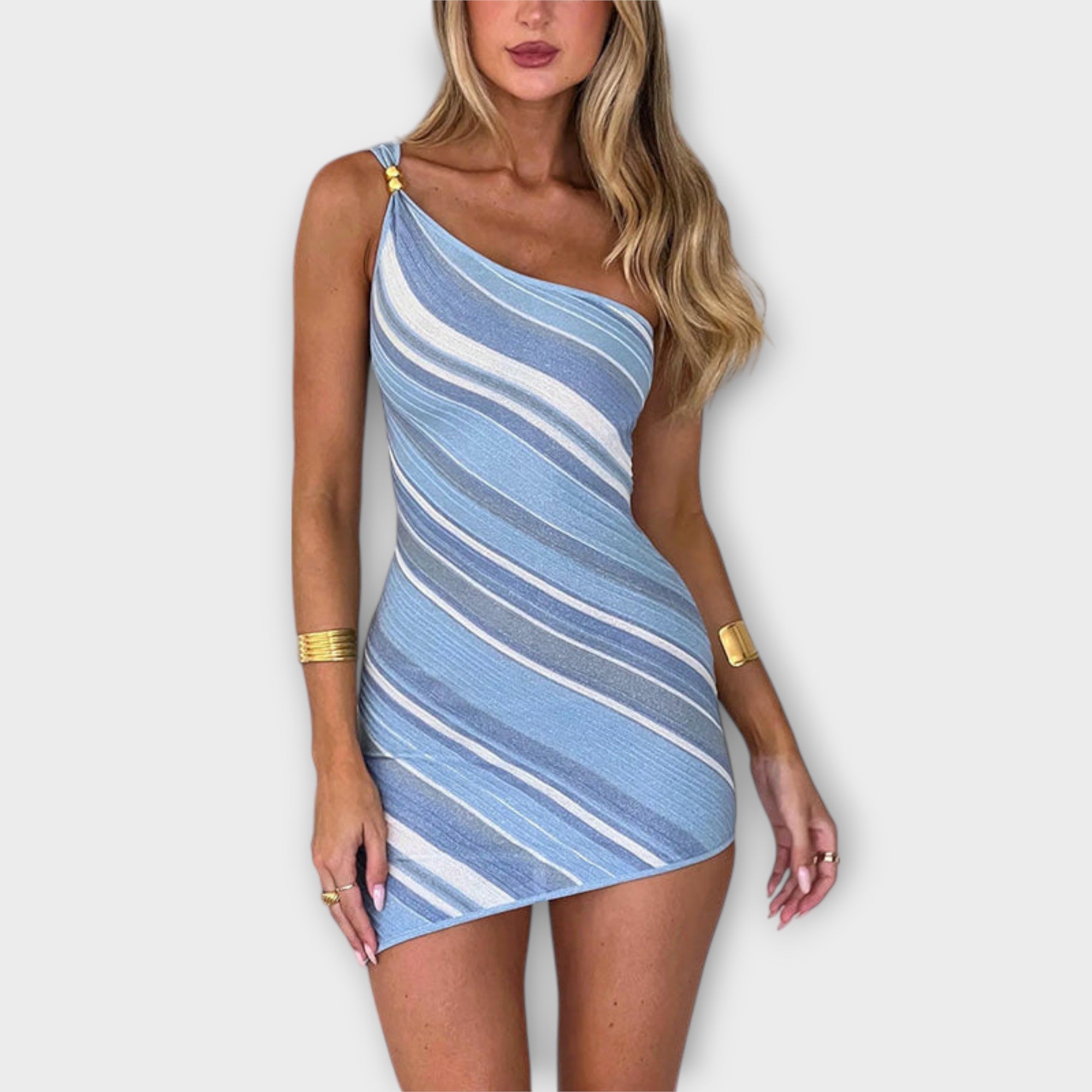 Kira - Trendy One-Shoulder Strikket Mini Kjole