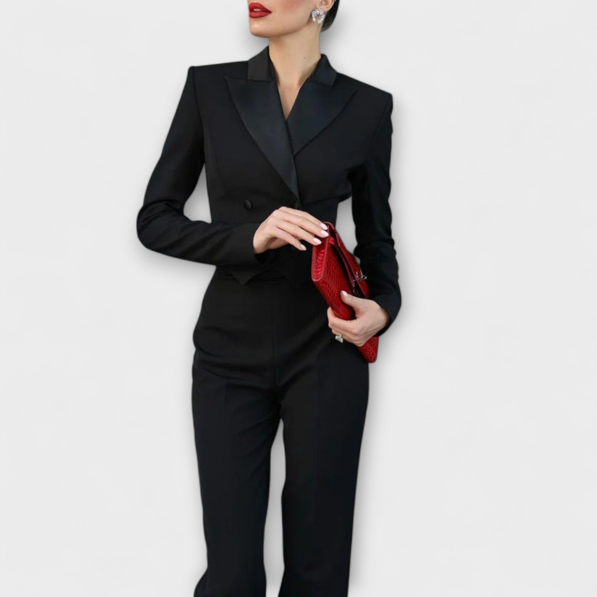 Noa - Sort Perle-Embellished Rygfri Kort Blazer Sæt