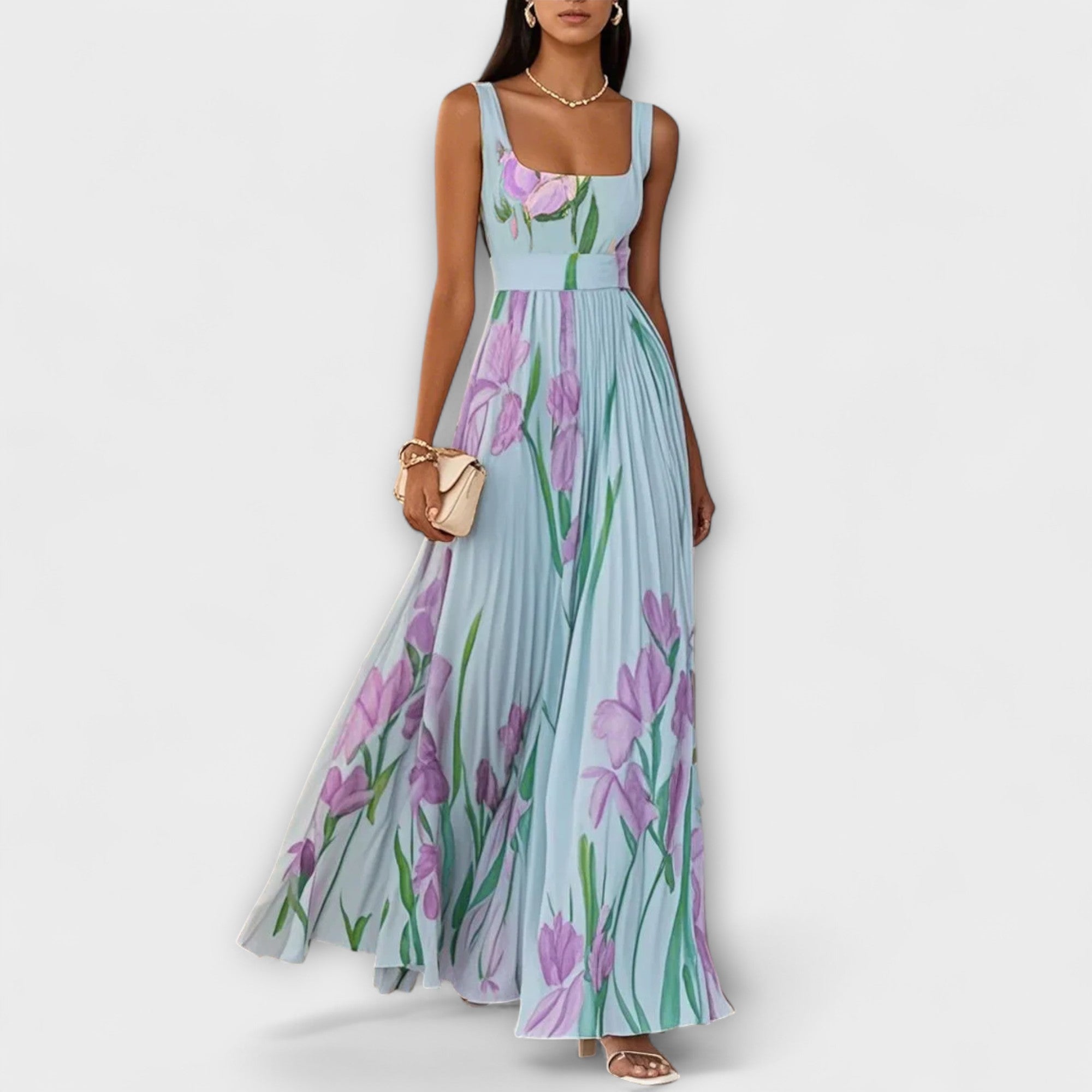Foldet Blomstret Chiffon Maxi Kjole