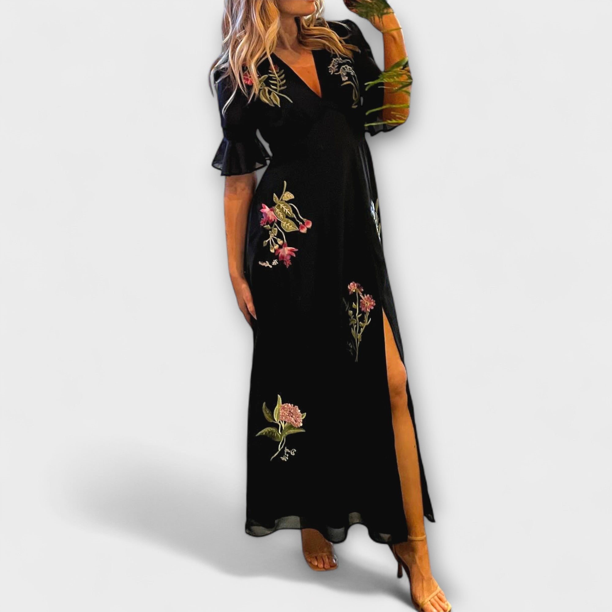 Beatrice - Elegant Navy Blue Kjole med Blomsterbroderi