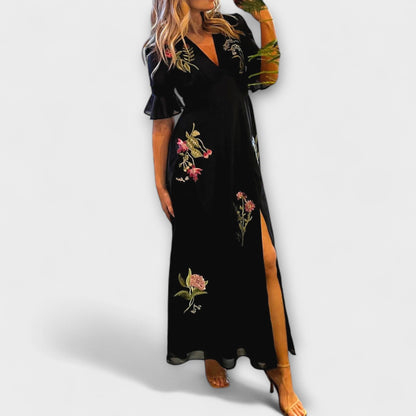Beatrice - Elegant Navy Blue Kjole med Blomsterbroderi