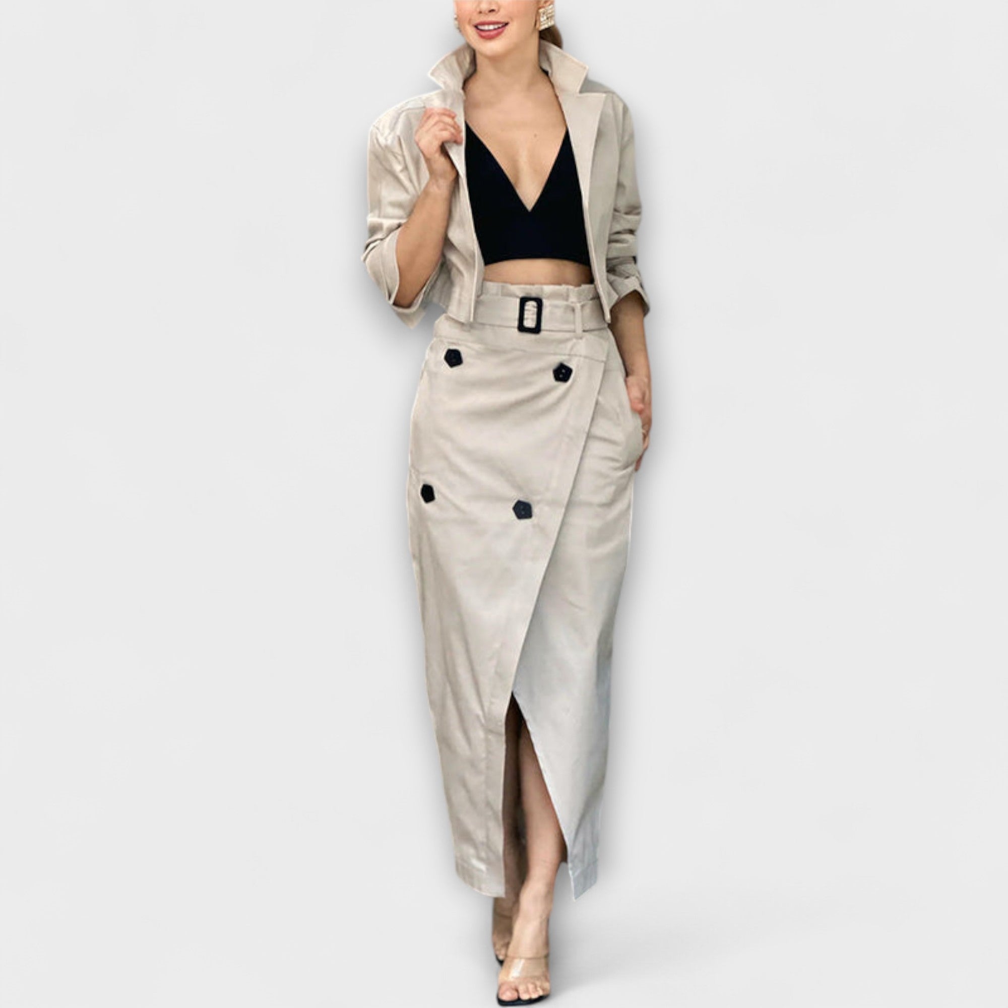 Lyra - Elegant Midi Skirt Jakke med Lommer