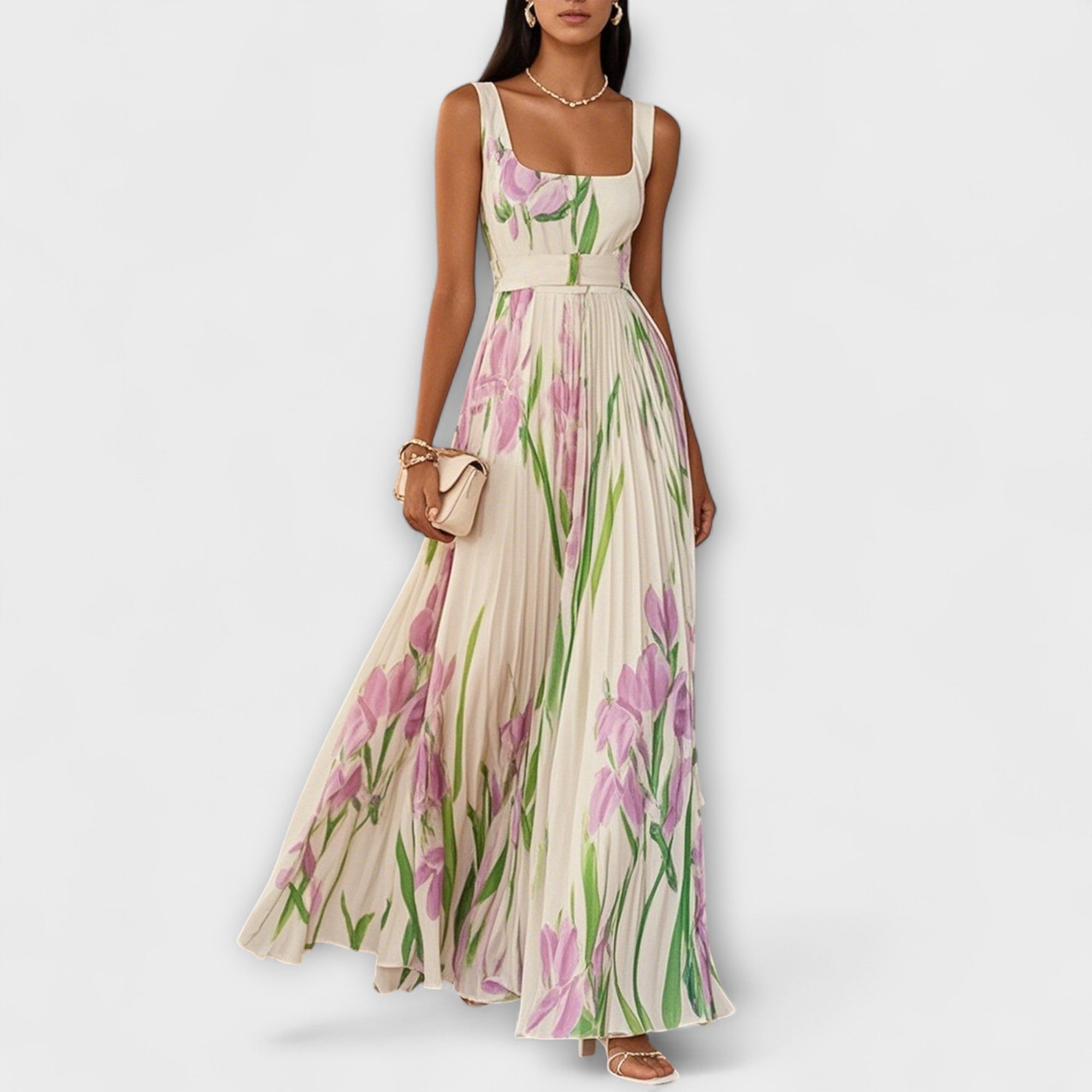 Foldet Blomstret Chiffon Maxi Kjole