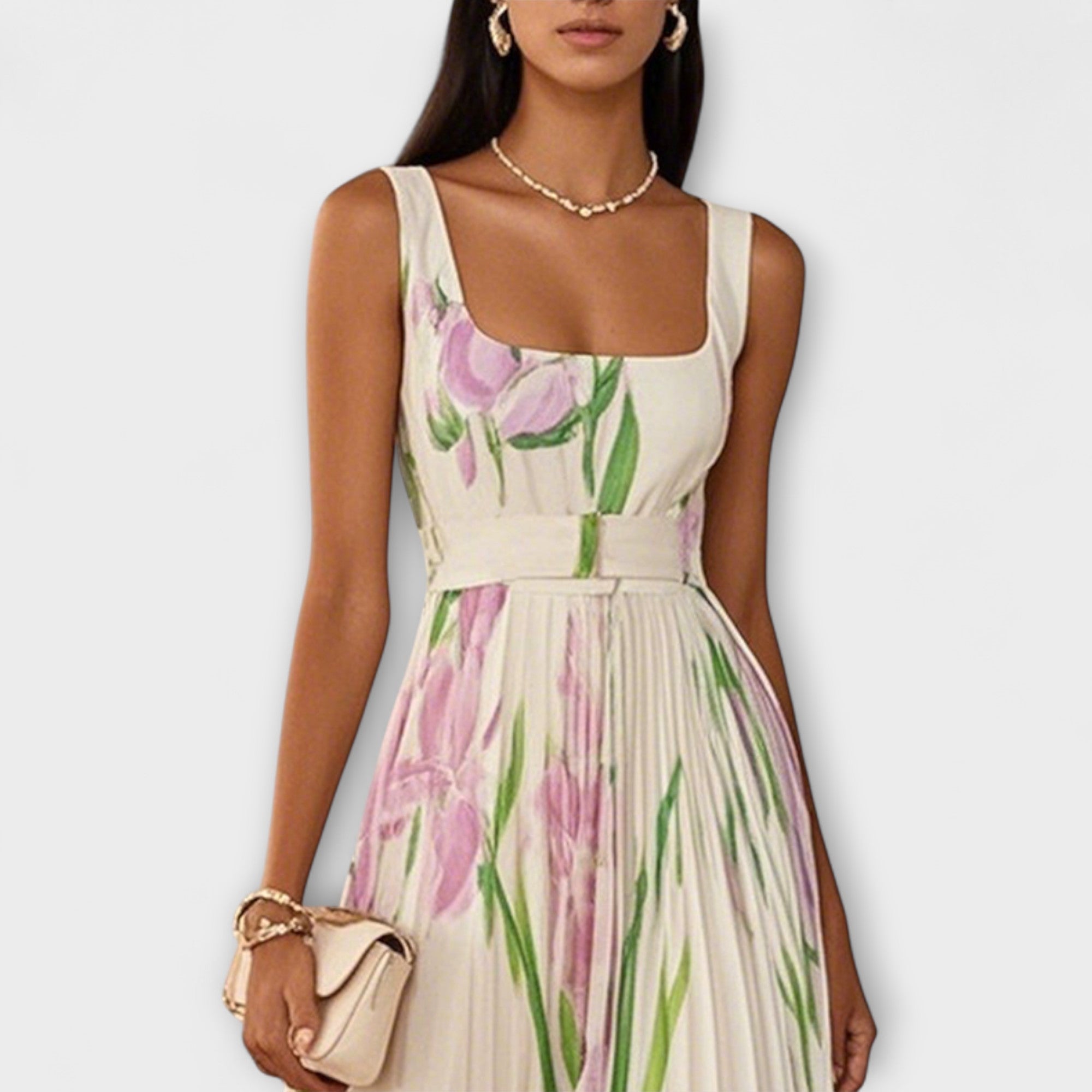 Foldet Blomstret Chiffon Maxi Kjole