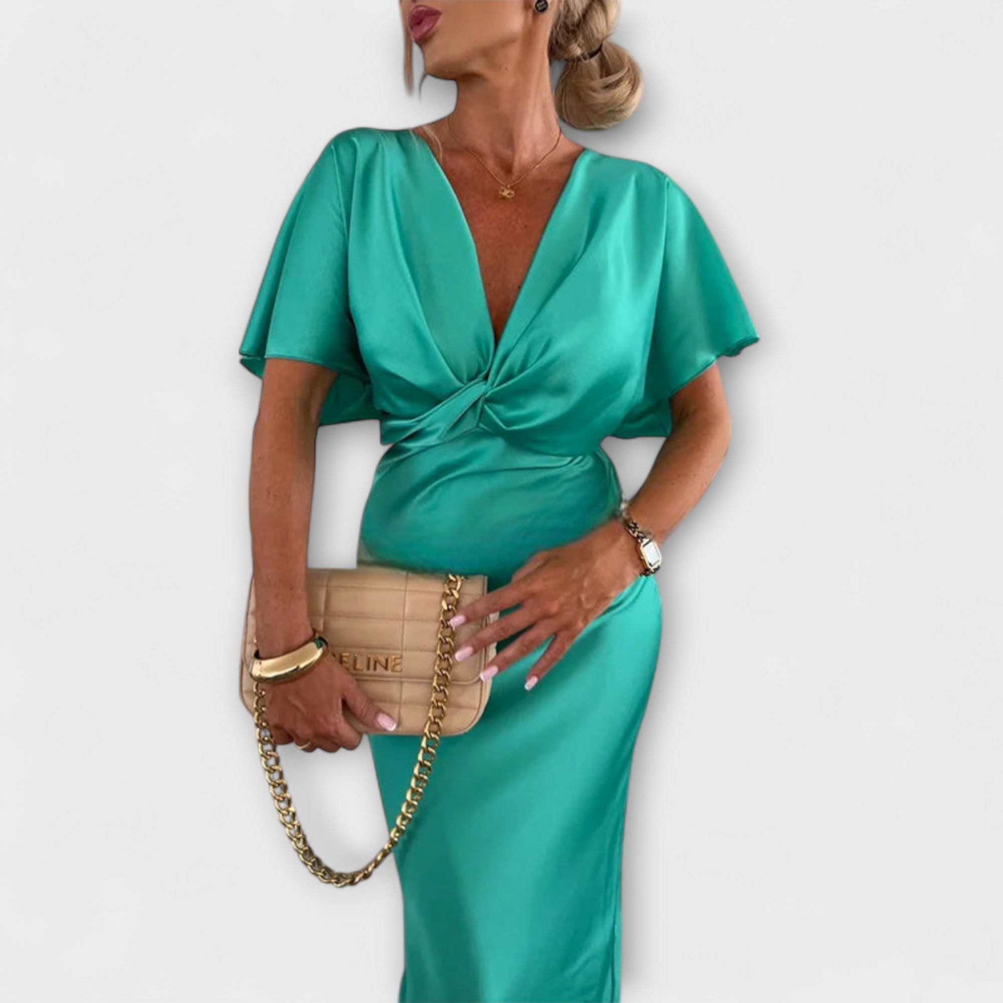 Sable - Solid Satin V-Hals Krydsknude Slim Fit Maxi Kjole