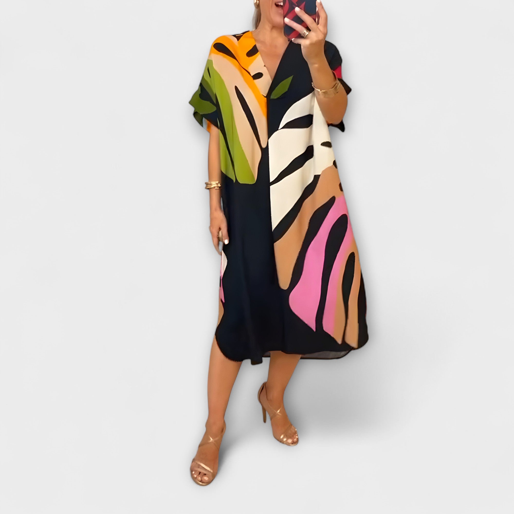Roos - Casual Kjole med Farverigt Bladprint