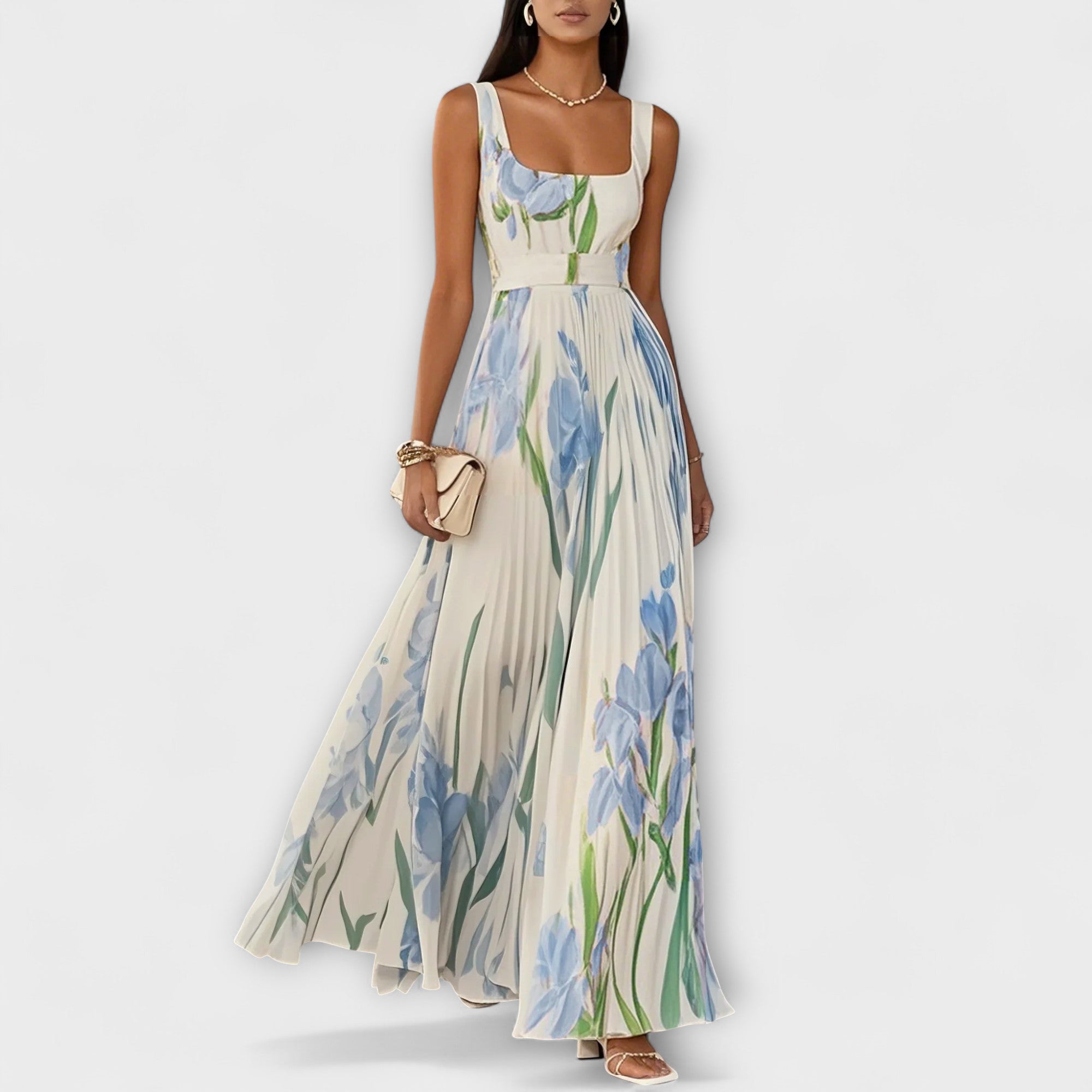 Foldet Blomstret Chiffon Maxi Kjole