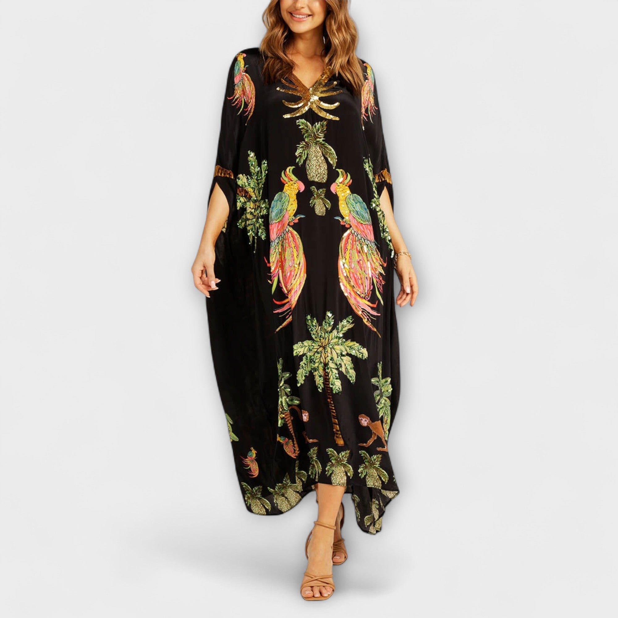 Linda - Iøjnefaldende kjole med off-shoulder design og kokosnøddeprint
