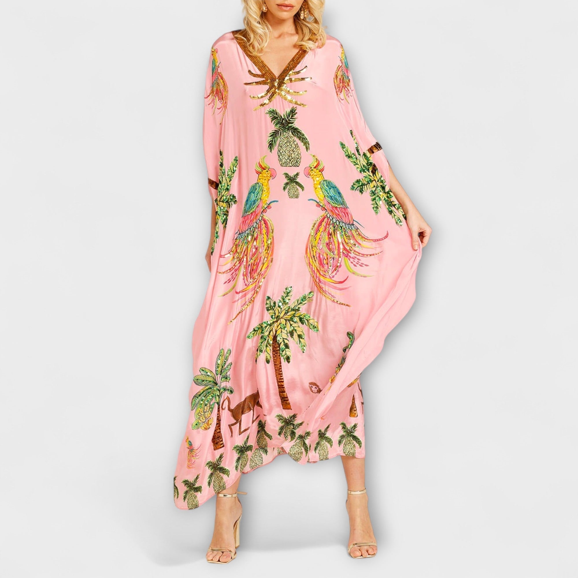 Linda - Iøjnefaldende kjole med off-shoulder design og kokosnøddeprint