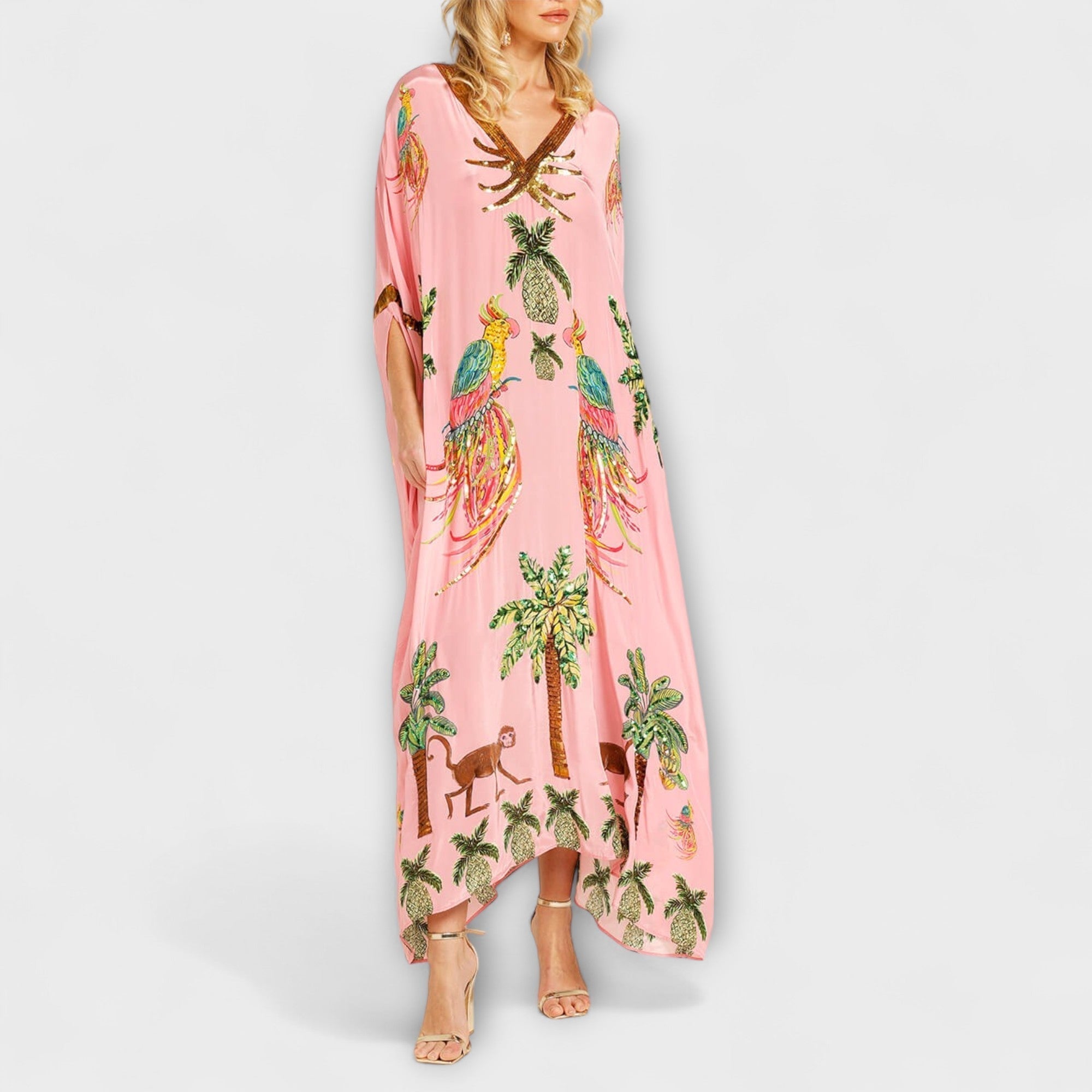 Linda - Iøjnefaldende kjole med off-shoulder design og kokosnøddeprint