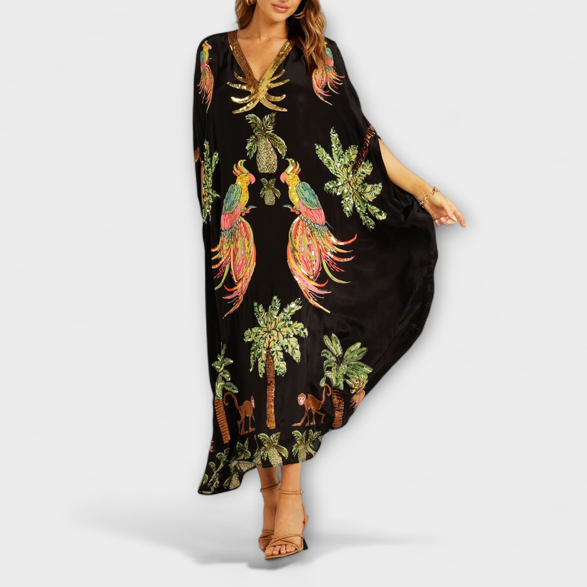 Linda - Iøjnefaldende kjole med off-shoulder design og kokosnøddeprint