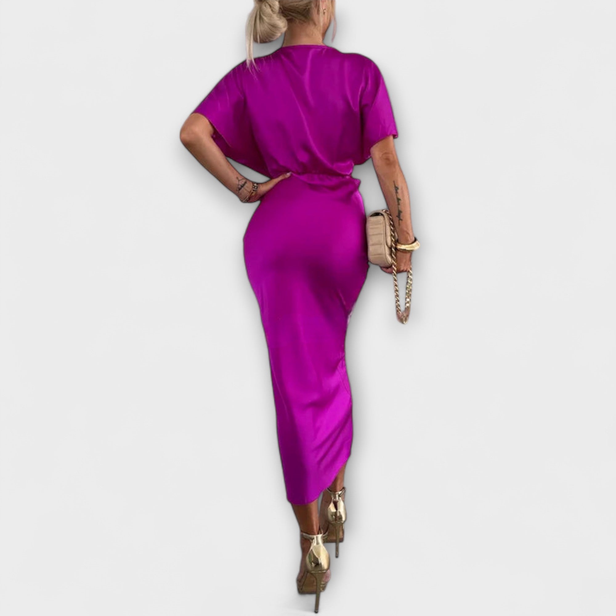 Sable - Solid Satin V-Hals Krydsknude Slim Fit Maxi Kjole