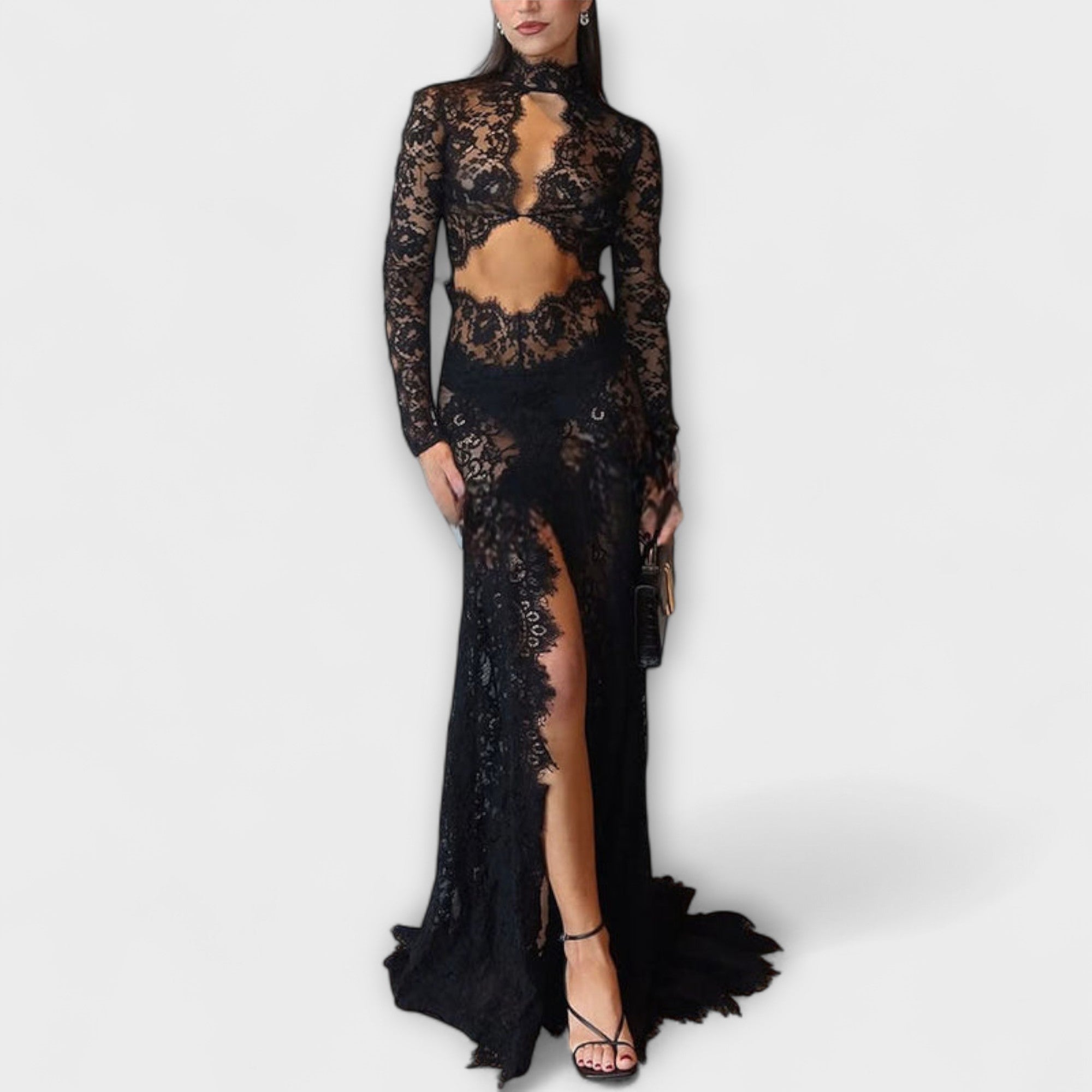 Azalea - Midnight Elegance Transparent Udsnit Langærmet Stretch Maxi Kjole