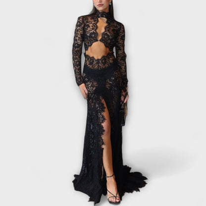 Azalea - Midnight Elegance Transparent Udsnit Langærmet Stretch Maxi Kjole