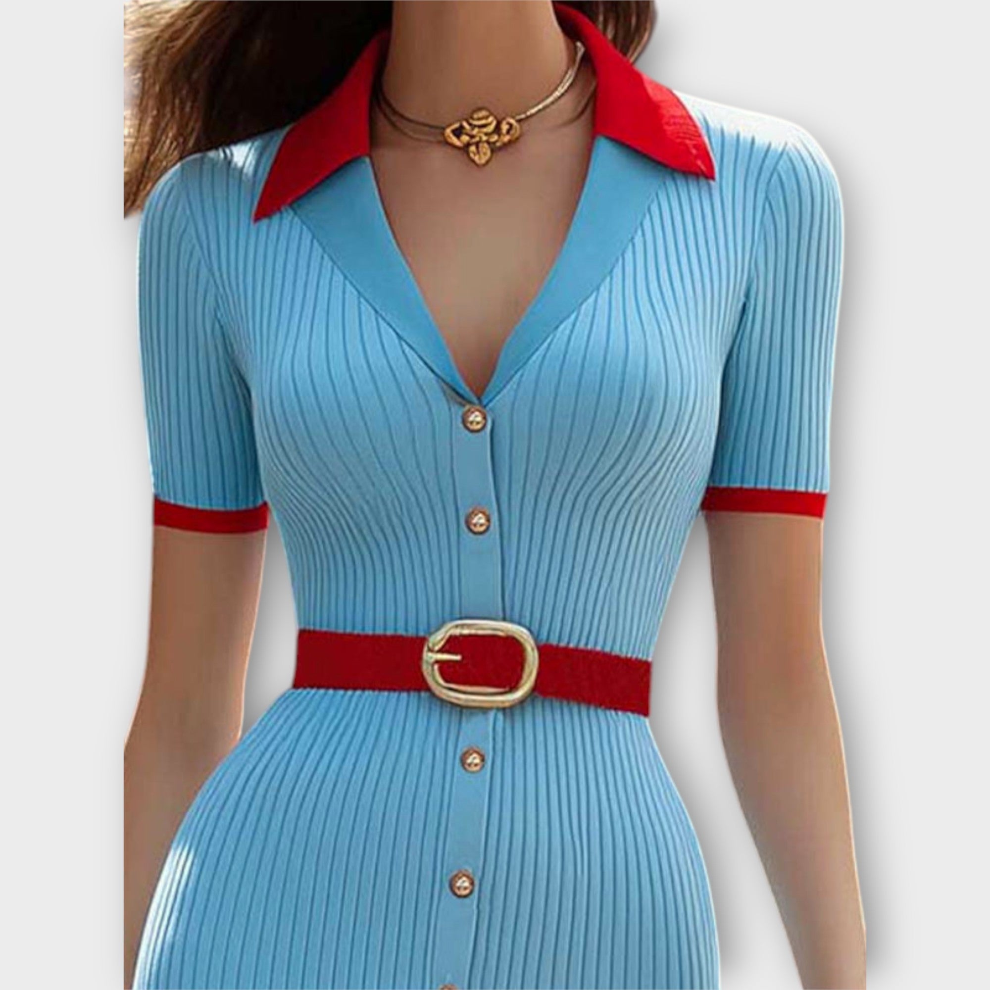 Sina - Chic Baby Blue Ribbet Strikket Blyantskjorte
