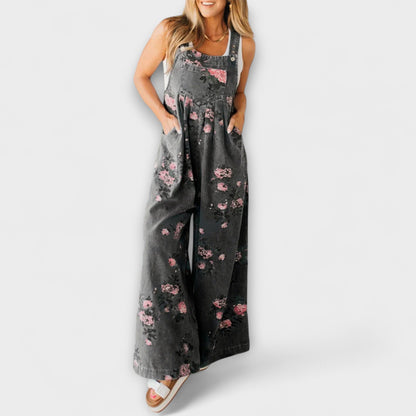 Bethany - Blomster Mønster Bred Denim Overalls