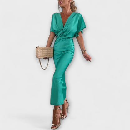 Sable - Solid Satin V-Hals Krydsknude Slim Fit Maxi Kjole