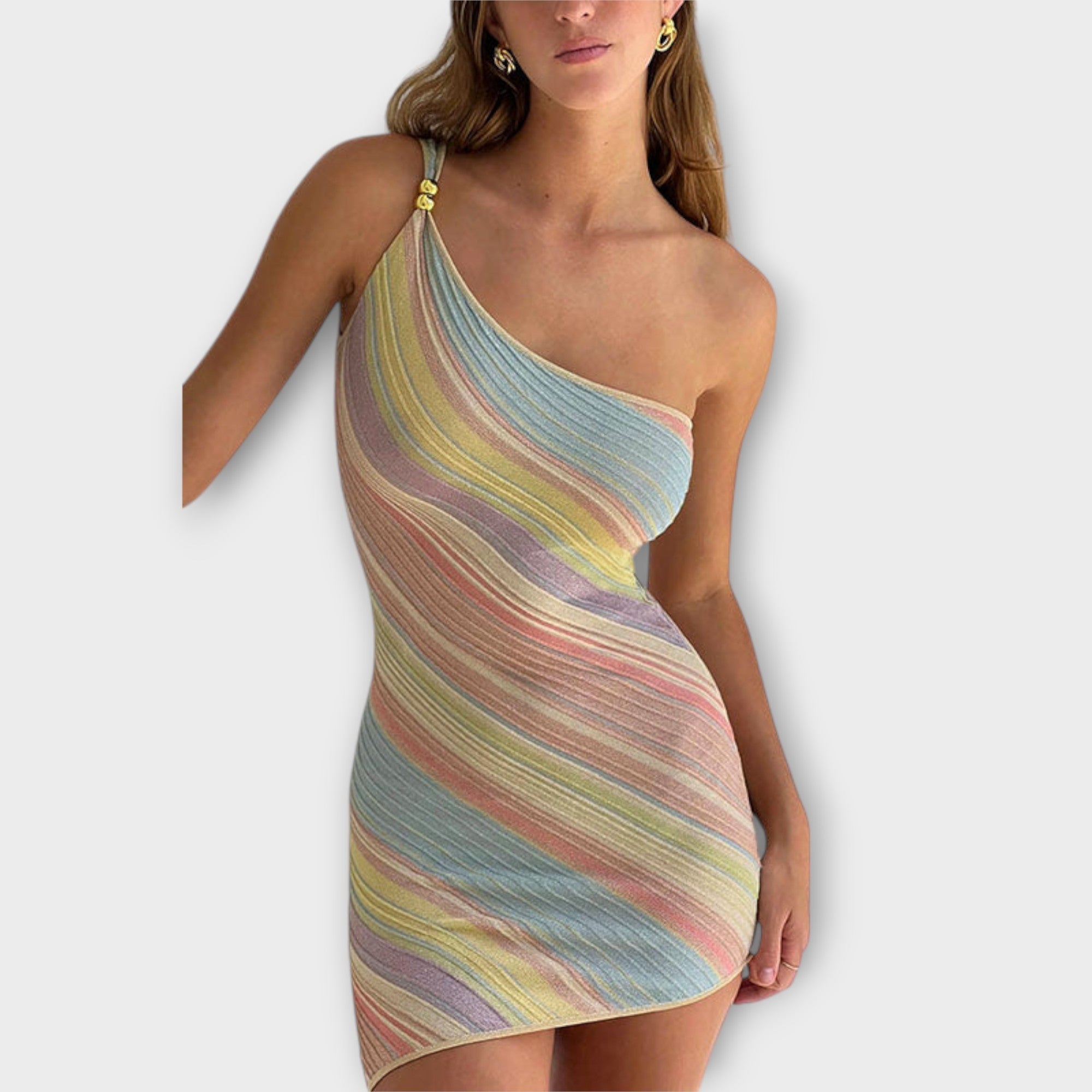 Kira - Trendy One-Shoulder Strikket Mini Kjole