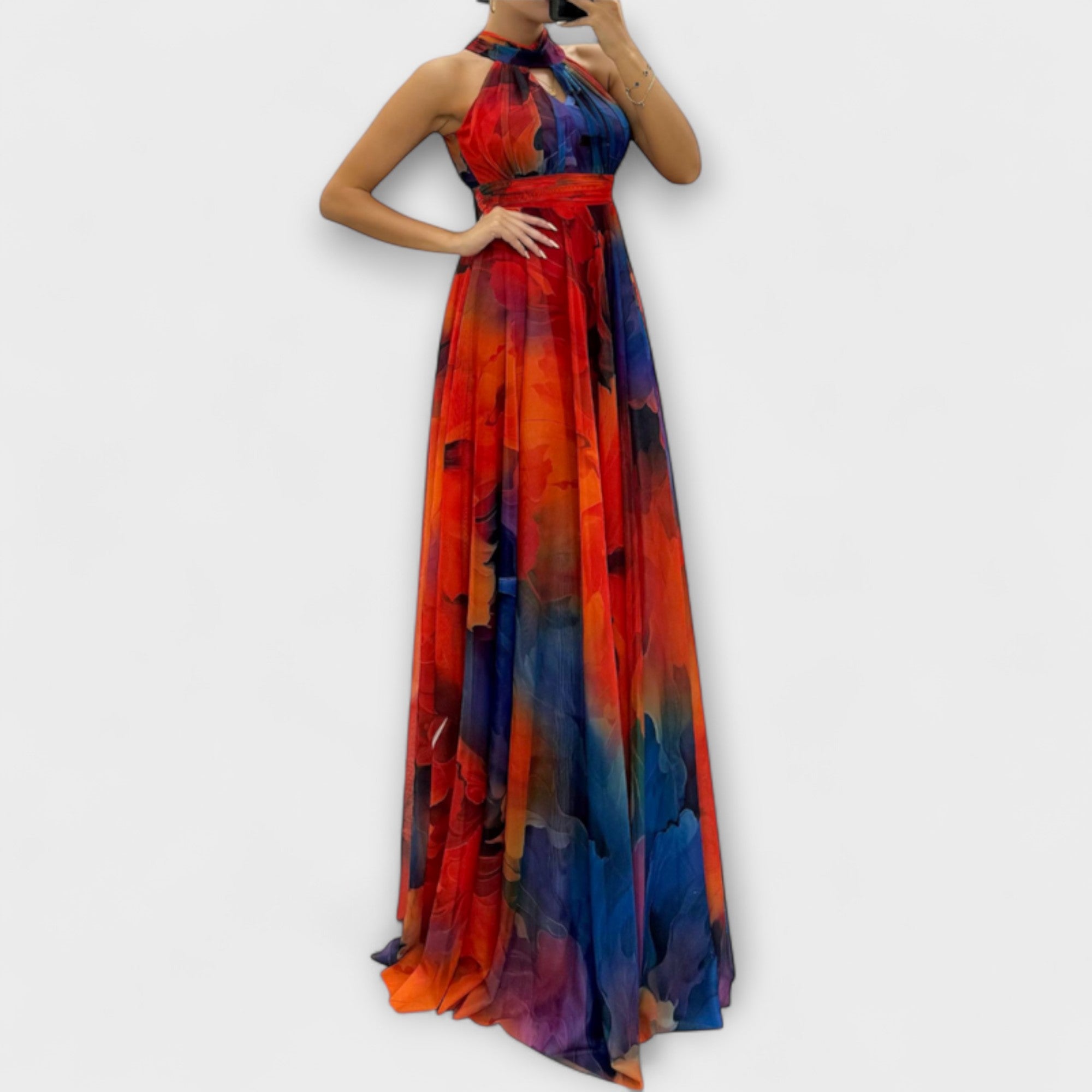 Isalie – Chiffon Maxi Kjole med Blomster Mønster